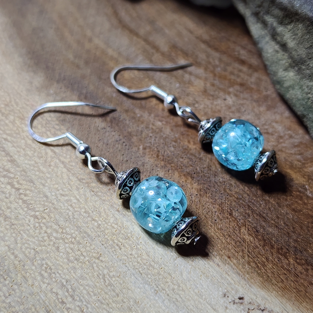 Hand Crafted Dangle Drop Earrings With Crackled Glass Blue Beads